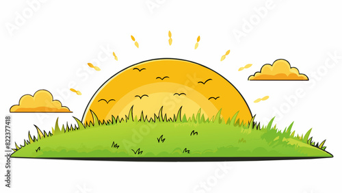 As the second hour passes the warmth of the sun begins to spread across the sky casting a golden glow on everything in its path. The grass glistens. Cartoon Vector photo