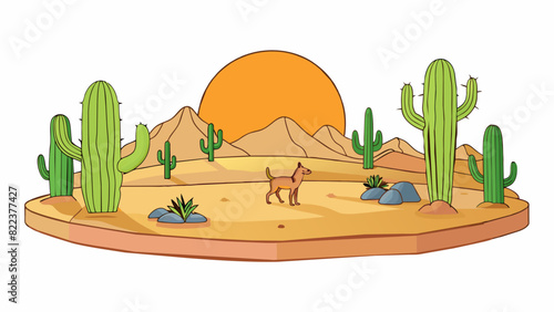 As the sun sets over the desert the view is bathed in a warm golden light. The sand dunes stretch out for miles their peaks and valleys casting. Cartoon Vector