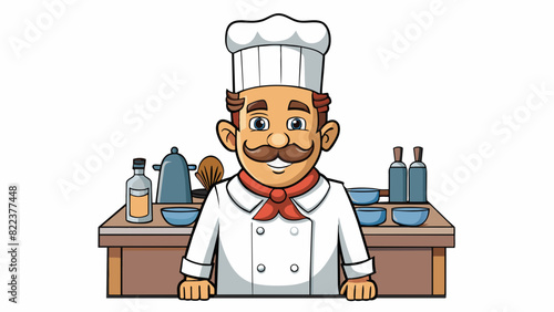 A strict manager at a restaurant navigating the hustle and bustle of the kitchen with military precision. Their chefs hat and crisp white apron. Cartoon Vector