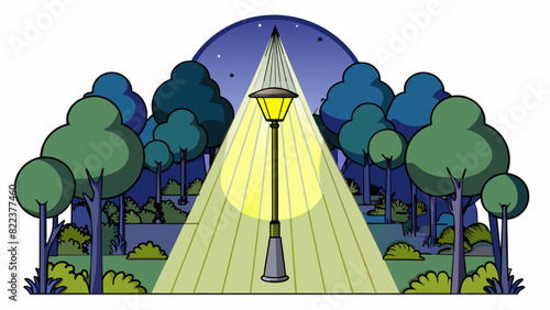A strong harsh light beaming down from a streetlamp creating stark silhouettes of trees against a dark night sky.. Cartoon Vector
