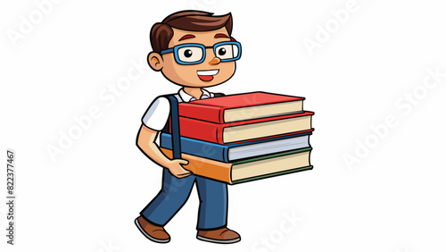 A student carrying a stack of heavy textbooks in their arms as they walk to class. The books have sy hardcovers and thick glossy pages for durability. Cartoon Vector