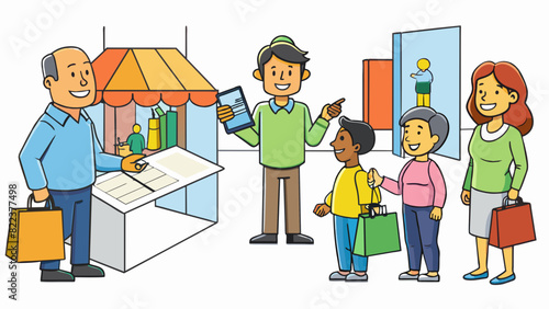 A survey being conducted in a busy shopping district with volunteers approaching passersby to ask about their spending habits and preferences. The. Cartoon Vector