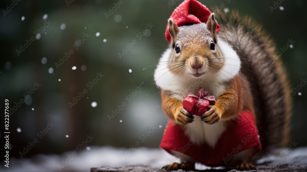 Portrait of a squirrel in Santa hat. Christmas background. Portrait of a squirrel in Santa hat. Christmas background.