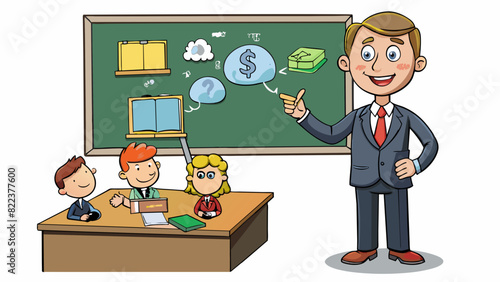 A teacher standing in front of a classroom using powerful and persuasive words to influence the thoughts and actions of their students.. Cartoon Vector
