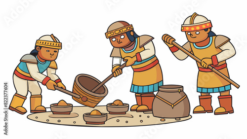 A team of archaeologists carefully brushing dirt off of ancient pottery fragments. The pieces differ in size shape and design allowing researchers to. Cartoon Vector