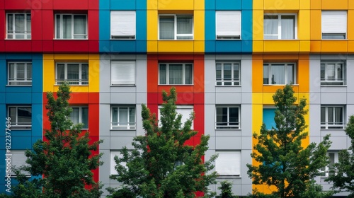 A vibrant multicolored building with trees in the foreground in Paris. Olympic Village Concept