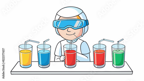 A taste test Three identical glasses filled with different colored liquids are p in front of a participant. The participant is then blindfolded and. Cartoon Vector