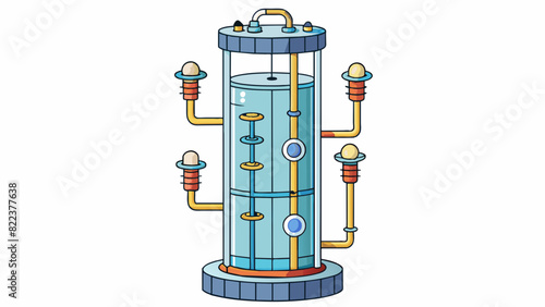 A tall cylindrical structure with various tubes pipes and gauges attached to it. It hums and vibrates as it pumps fluids through its complex network. Cartoon Vector