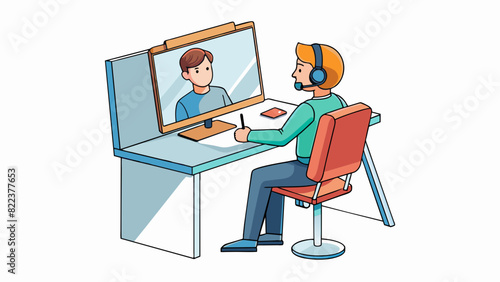 At a virtual training session a person is using a computer and headset to participate in a webinar. The room is quiet and has a whiteboard for. Cartoon Vector