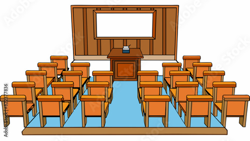 At the front of a classroom there is a wooden podium for the teacher to stand behind and a whiteboard or chalkboard on the wall. The desks are lined. Cartoon Vector