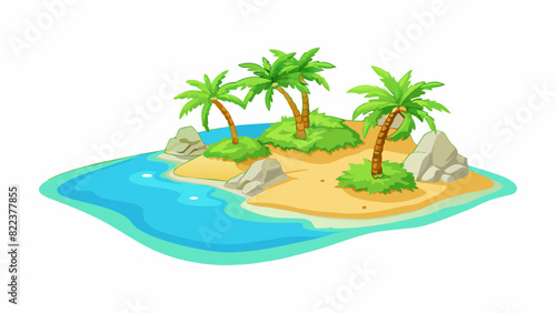 A tropical coast with palm trees swaying in the breeze the sand is white and powdery and crystalclear water gently laps against the shore.. Cartoon Vector