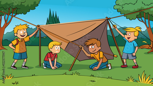 Attempt 3 A group of students attempting to build a makeshift shelter in the woods. With only tarp rope and branches at their disposal they struggle. Cartoon Vector