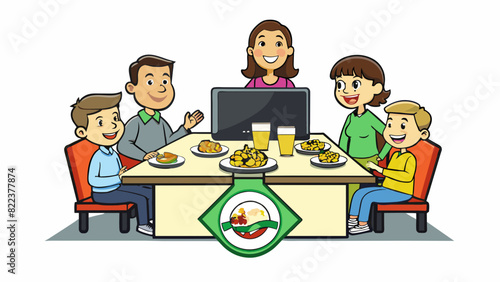 A TV commercial featuring a series of happy families sitting around a dinner table enjoying a hearty and nutritious meal. In the background a logo for. Cartoon Vector