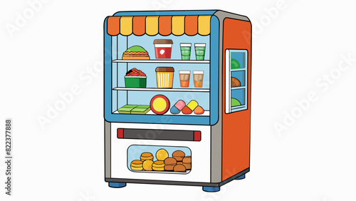 A vending machine with a variety of snacks displayed behind a glass panel and buttons with different names and prices offering customers the option to. Cartoon Vector