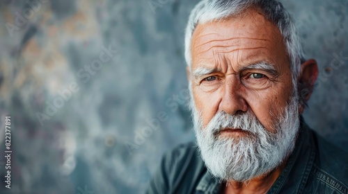 Introspective Senior Man Portrait: A peaceful portrait capturing an elderly man's thoughtful contemplation. The serene expression on his wrinkled face reveals a lifetime of wisdom Generative ai photo