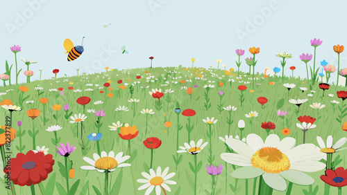 A vast field of wildflowers stretching as far as the eye can see. The air is thick with the sweet fragrance of the flowers and the gentle hum of. Cartoon Vector