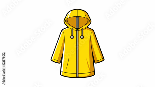 A vibrant and eyecatching raincoat made of bright yellow waterproof material. The coat has a sleek Aline silhouette and features a hood zippered. Cartoon Vector