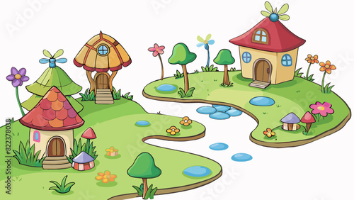 A whimsical fairy garden with tiny houses made from sticks and leaves. A winding path of pebbles leads to a miniature pond where colorful dragonfly. Cartoon Vector