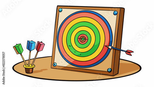 A wide shot of a dartboard with several colorful darts sticking out of the surface. The board itself is made of cork and is marked with numbers and. Cartoon Vector