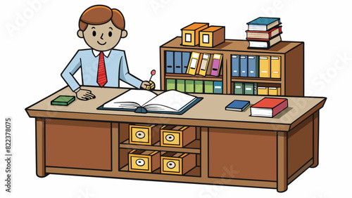 A wooden desk with compartments and drawers situated in a library. The desk has a ledger open on its surface where a librarian records books being. Cartoon Vector