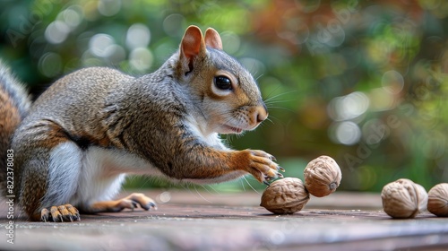 Cute squirrel pulls his paw for a nut. generative ai photo
