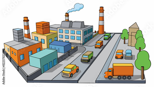 District D is an industrial area with large factories and warehouses. The buildings are made of grey concrete with tall smokestacks billowing out. Cartoon Vector