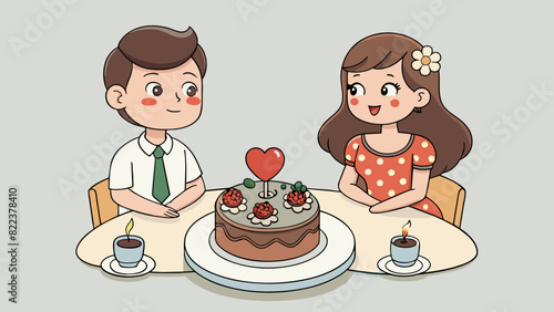 In a cozy cafe a couple shared a slice of chocolate cake. She wore a flowy floral dress and had a delicate silver necklace while he had a relaxed. Cartoon Vector