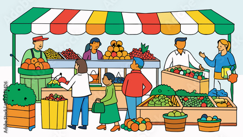 In the bustling market tour you are greeted with an array of sights sounds and smells. Colorful stalls filled with fresh fruits and vegetables line. Cartoon Vector
