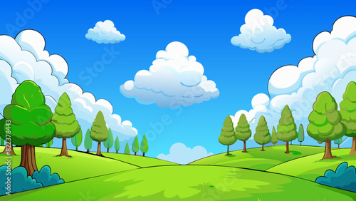 In the afternoon the sky is a vibrant shade of blue dotted with fluffy white clouds floating lazily by. The grass in the meadow is a lush green. Cartoon Vector