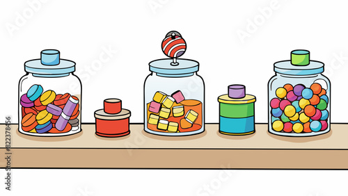 In the second illustration there are several jars of candies on a table. Each jar is labeled with a different type of candy such as gummy bears. Cartoon Vector