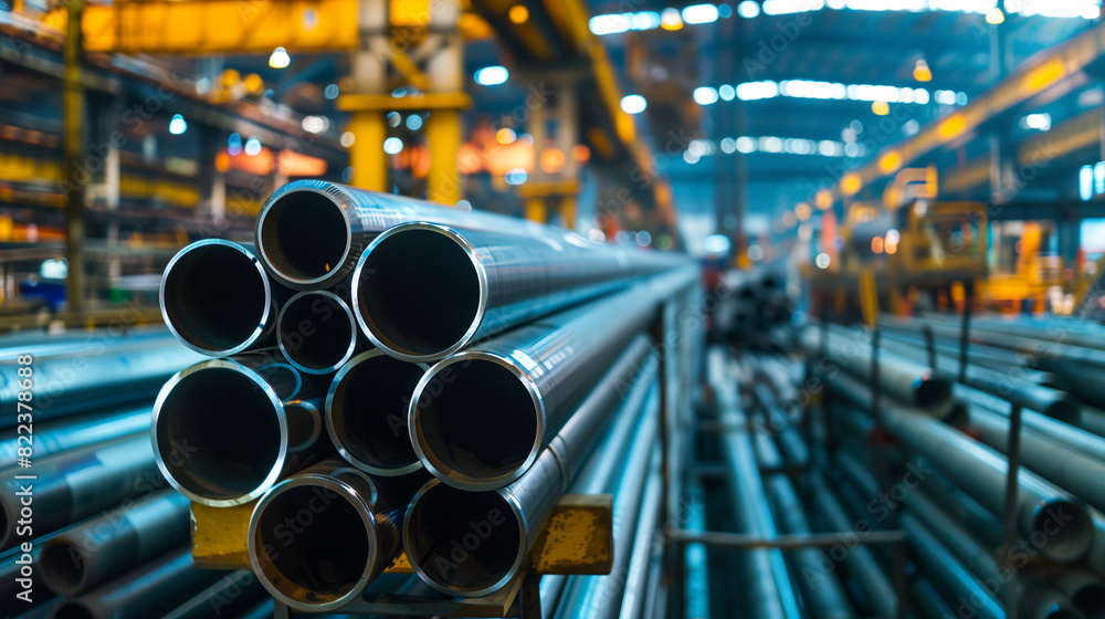 High quality steel pipe or aluminum in stack waiting for shipment in warehouse, Steel industry. High quality steel pipe or aluminum in stack waiting for shipment in warehouse, Steel industry.