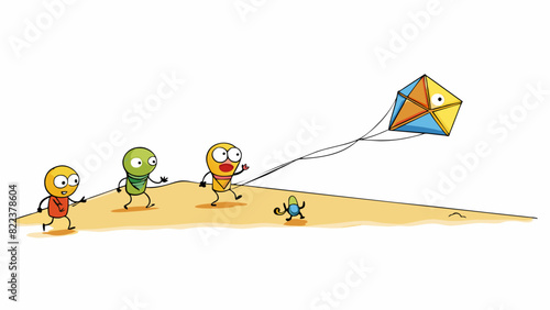 On a sandy beach a small group of people are chasing after a colorful kite that is floating in the air. They are each holding a long string attached. Cartoon Vector