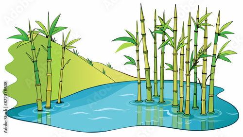 On the eastern edge of the peaceful lake tall bamboo stalks sway gently in the cool breeze their leaves rustling with every movement.. Cartoon Vector