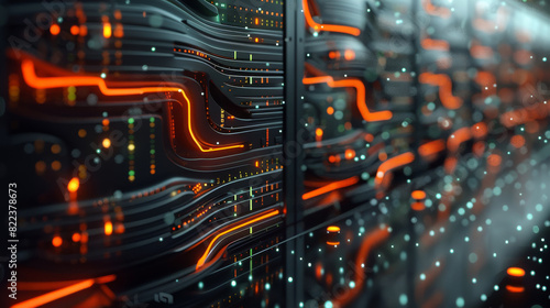 Modern computing server cooled in immersion fluid, gentle waves, dark green theme with orange accents, futuristic, high tech, minimalistic. Generative AI.