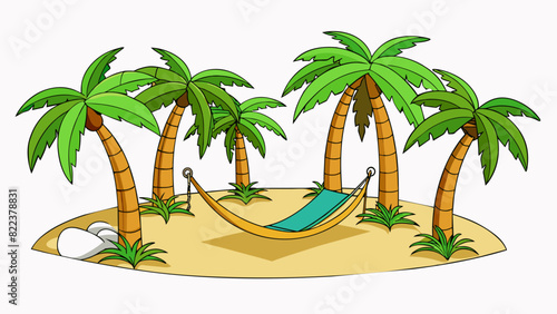 The beach was lined with towering palm trees their lush green fronds swaying in the salty breeze. A lone hammock hung between two trees inviting. Cartoon Vector