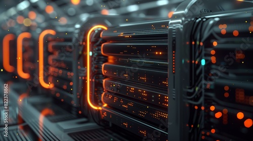Modern computing server cooled in immersion fluid, gentle waves, dark green theme with orange accents, futuristic, high tech, minimalistic. Generative AI.