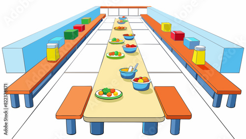 The cafeteria with long tables and benches colorful trays and a variety of nutritious food options displayed in a cafeteria line.. Cartoon Vector