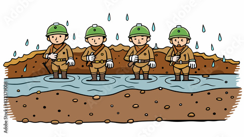 The ground was littered with craters filled with murky muddy water as soldiers trudged through waistdeep trenches rain pouring down and soaking. Cartoon Vector photo