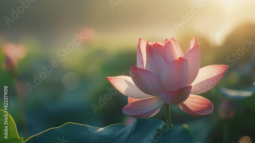 A pink lotus flower blooming in soft morning light.