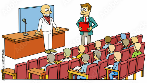The lecture hall was filled with rows of chairs each with a small foldout desk attached. The lecturer paced back and forth in front of the stage. Cartoon Vector