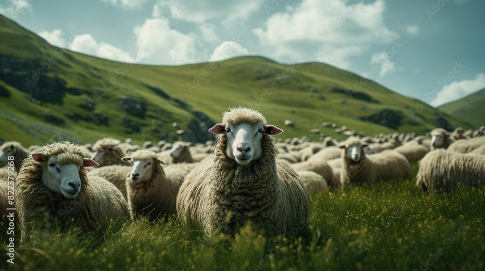 Fototapeta premium On a green grassland there is a huge humble number of sheep UHD wallpaper
