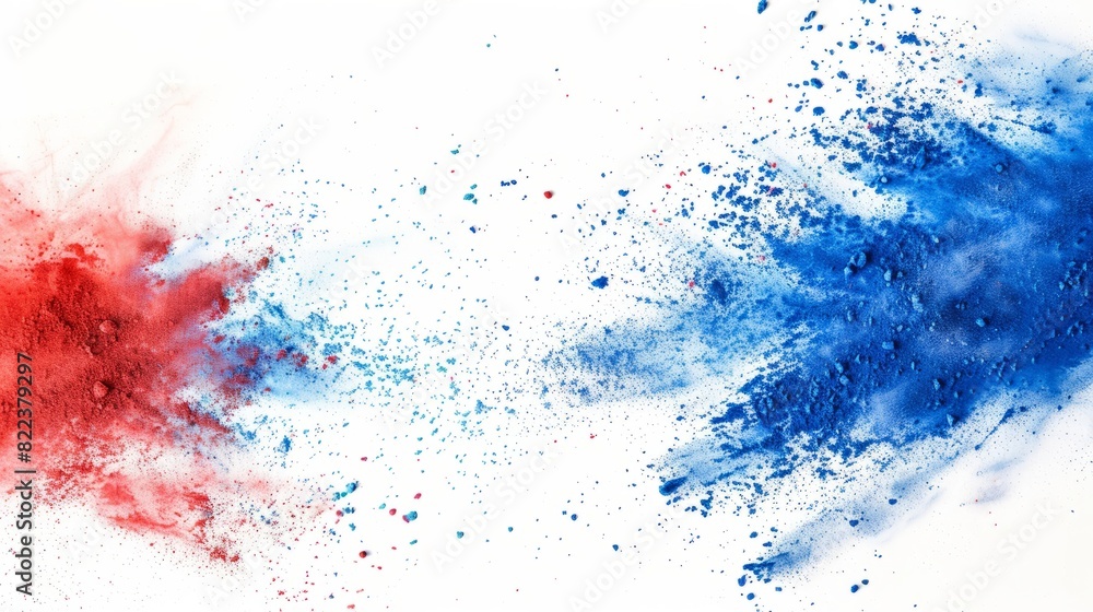 Vibrant explosion of blue, white, and red holi powder on a white background, representing France and its culture.