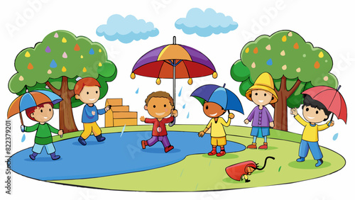 The rain was playful dancing in the sunlight with childlike energy. The children in the park squealed with delight as they chased each other their. Cartoon Vector © DigitalSpace