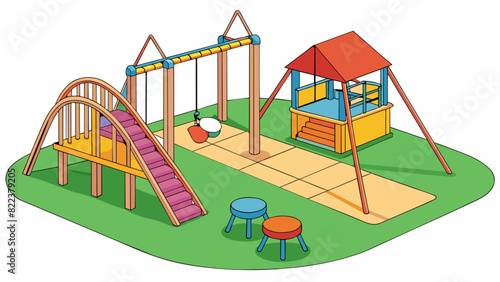 The playground in the park is a childrens paradise with colorful swings slides and climbing structures. The ground is covered in soft rubber tiles. Cartoon Vector