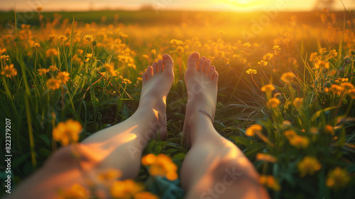 Legs of relaxing girl lying on the spring blooming meadow. photo