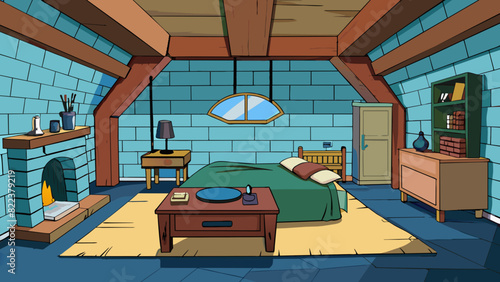 The room had a rustic feel with exposed brick walls and wooden ceiling beams. A large bed with a cozy quilt was the centerpiece flanked by two. Cartoon Vector