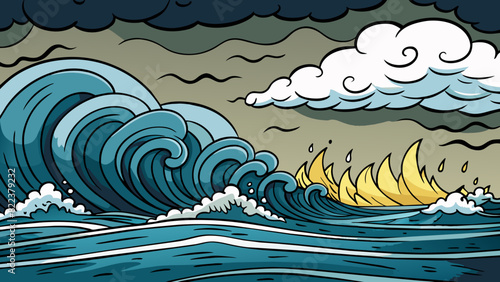 The sea during a storm is a force to be reckoned with. Dark clouds loom overhead masking out the sun and creating an eerie atmosphere. The water. Cartoon Vector