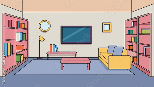 The room was modern and minimalistic with white walls and sleek furniture. A large Lshaped couch sat in the middle facing a flatscreen television. Cartoon Vector