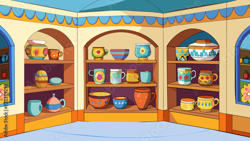 The shop was filled with the comforting scent of freshly brewed coffee and a warm cozy atmosphere. In the corner a display of intricate ceramic mugs. Cartoon Vector