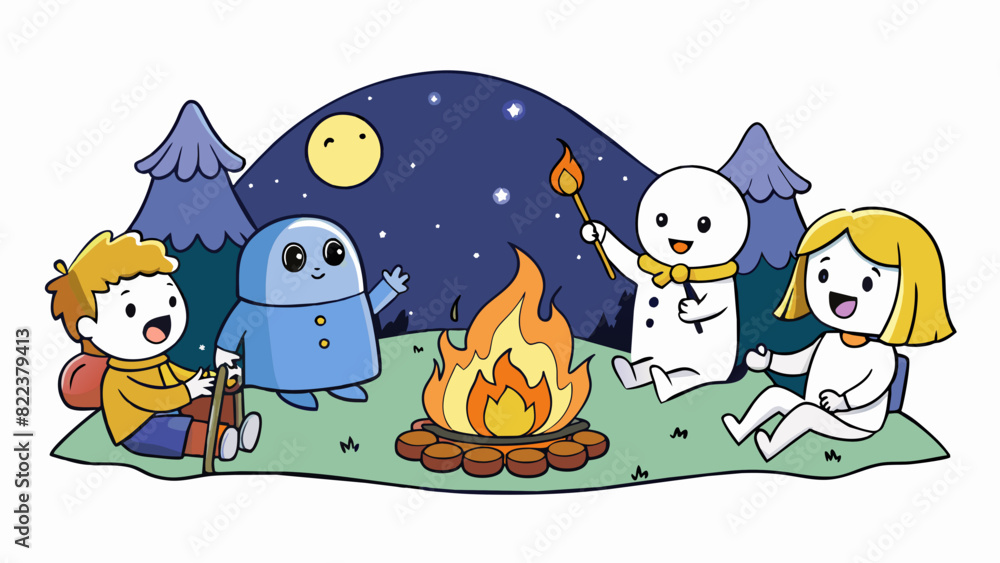 The warm evening air is filled with the chirping of crickets and the flicker of fireflies. As the sun sets a group of friends gather around a. Cartoon Vector The warm evening air is filled with the chirping of crickets and the flicker of fireflies. As the sun sets a group of friends gather around a. Cartoon Vector
